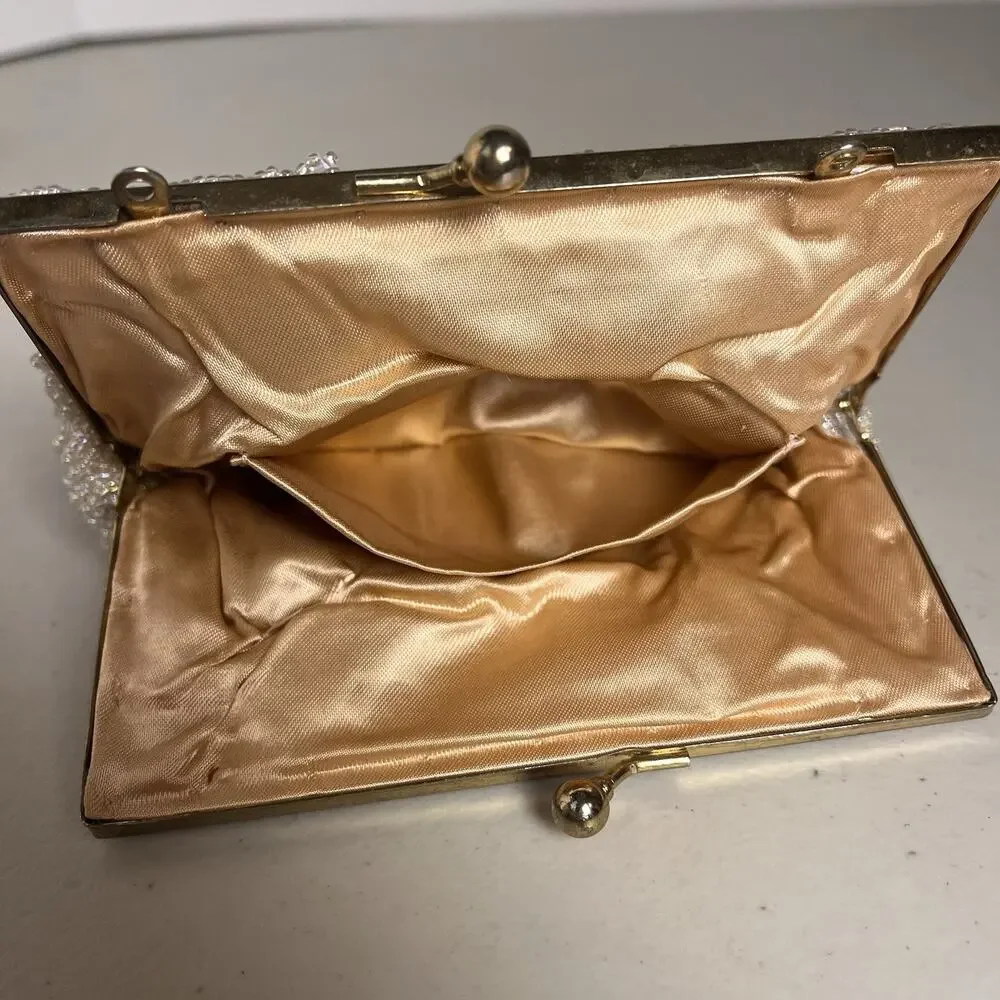 Cream Beaded Kiss Lock Clutch Evening Bag Vintage Retro Mid Century Handbag